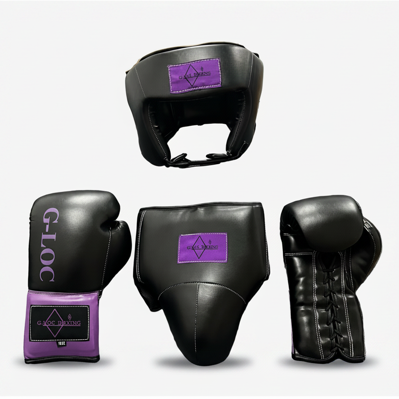 G-LOC Purple Professional Sparring Set: 16oz Boxing Gloves, Headgear & Groin Protector