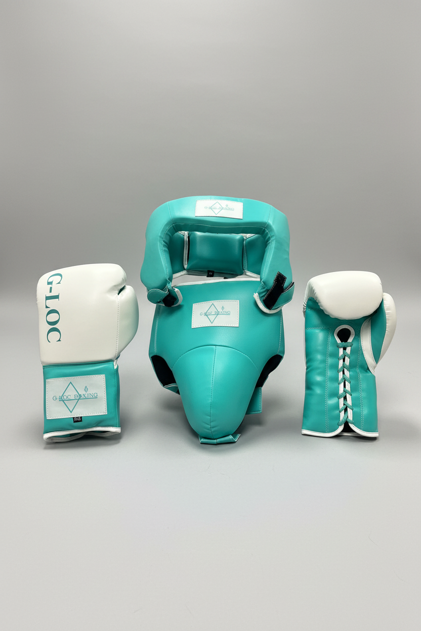 G-LOC Turquoise Professional Sparring Set: 16oz Boxing Gloves, Headgear & Groin Protector