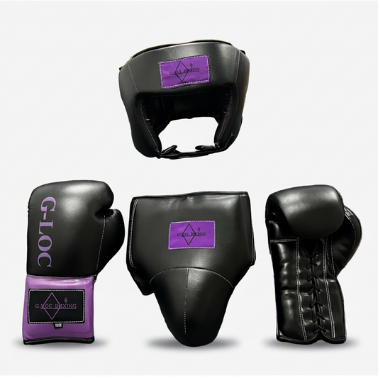 G-LOC Purple Professional Sparring Set: 16oz Boxing Gloves, Headgear & Groin Protector