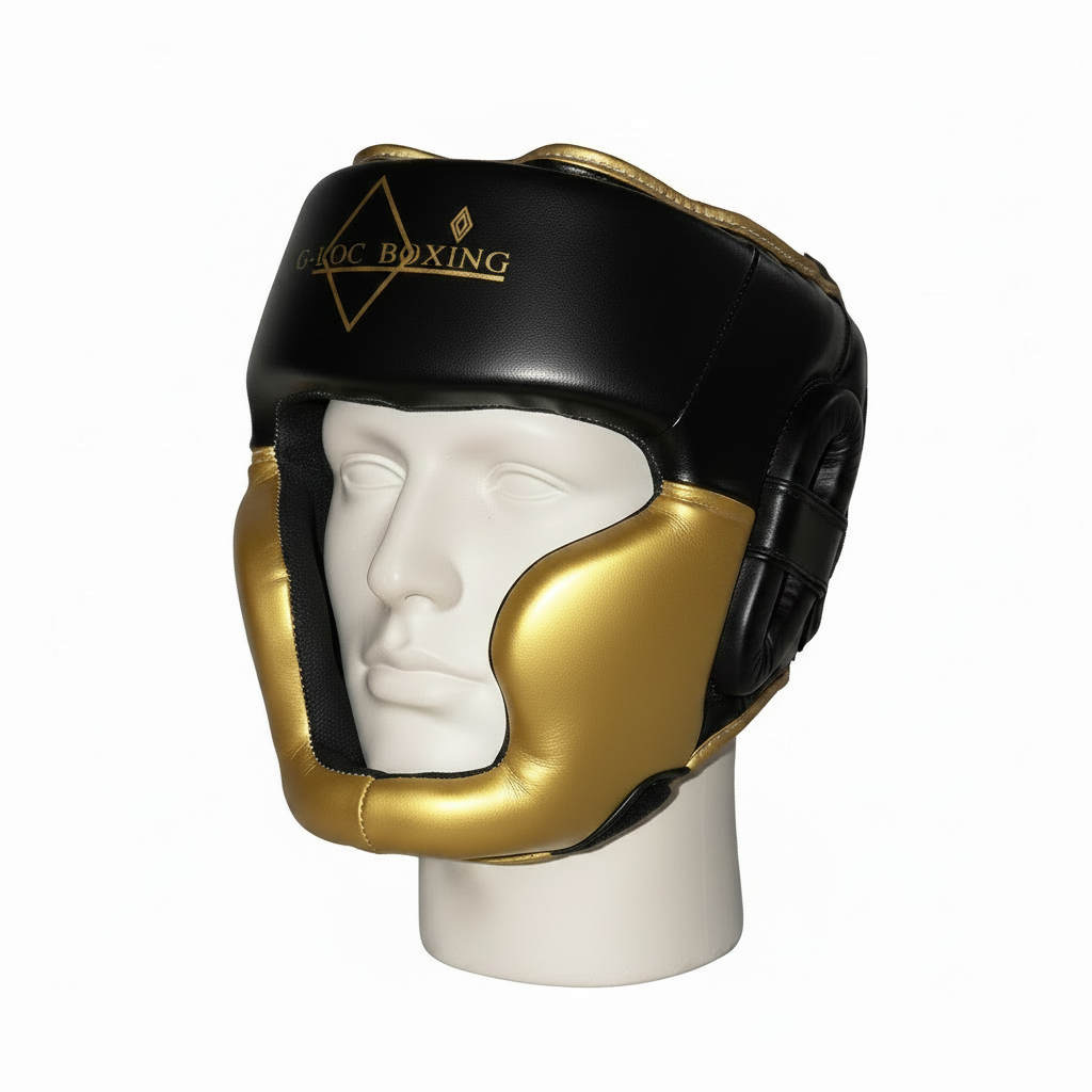 G-LOC Black & Gold Boxing Headgear | Professional Sparring & MMA Training Head Guard