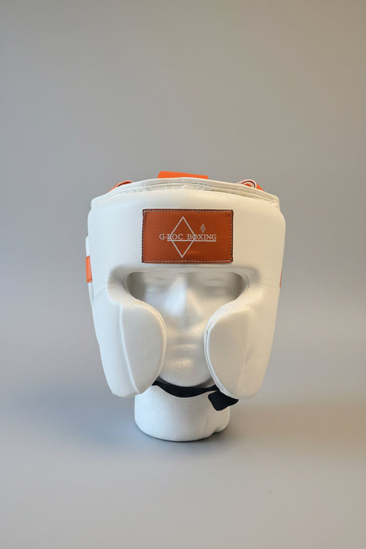 G-LOC white & Orange Cheek Protector Headgear | Professional Boxing, MMA & Kickboxing Sparring Head Guard